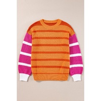 Orange Stripe Colorblock Crew Neck Drop Shoulder Loose Sweater - L thumbnail