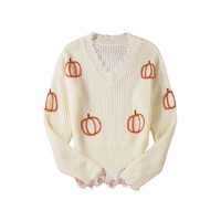 Beige Cable Knit Pumpkin Raw Hem V Neck Loose Sweater - L thumbnail