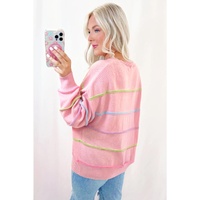 Pink Rainbow Stripes Drop Shoulder Baggy Henley Sweater - L thumbnail