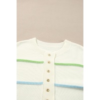 White Rainbow Stripes Drop Shoulder Baggy Henley Sweater - S thumbnail
