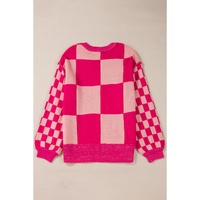 Rose Red Mixed Checkered Pattern Drop Shoulder Loose Sweater - L thumbnail