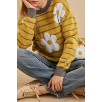 Yellow Stripe Daisy Floral Knitted Round Neck Sweater - M thumbnail
