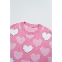 Pink Pearled Heart Print Valentines Crew Neck Sweater - S thumbnail