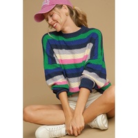 Bright Green Rainbow Striped Crew Neck Drop Shoulder Sweater - S thumbnail
