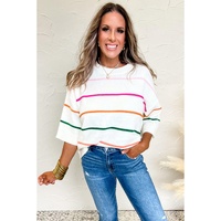White Colorblock Striped Half Sleeve Drop Shoulder Sweater - XL thumbnail