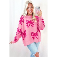 Pink Bow Pattern Drop Shoulder Loose Sweater - S thumbnail