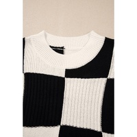 Black Checkered Color Block Crew Neck Short Sleeve Sweater - L thumbnail