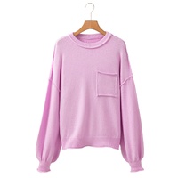 Pink Raw Edge Ribbed Detail Drop Shoulder Sweater - L thumbnail