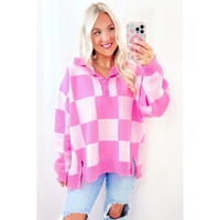 Pink Checkerboard Half Button Collared Drop Shoulder Sweater - S thumbnail