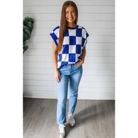 Dark Blue Cherckerboard Round Neck Sweater Vest - L thumbnail