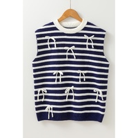 Blue Stripe Knitted Bow Decor Sweater Vest - M thumbnail