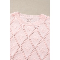Gossamer Pink Openwork Plaid Puff Sleeve Cropped Sweater - L thumbnail