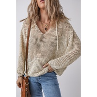 Jet Stream Hollow-out Kangaroo Pocket V Neck Hooded Sweater - L thumbnail