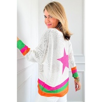 White Star Pattern Colorblock Striped Edge Drop Shoulder Sweater - L thumbnail