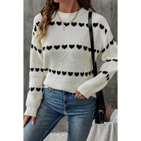 White Contrast Heart Pattern Crew Neck Sweater - L thumbnail