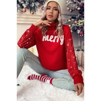Racing Red Merry Graphic Sequin Sleeves Christmas Turtleneck Sweater - M thumbnail