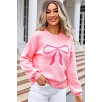 Pink Bow Graphic Drop Shoulder Round Neck Sweater - S thumbnail