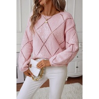 Light Pink Hollowed Rhombus Pattern Sequin Detail Round Neck Sweater - L thumbnail