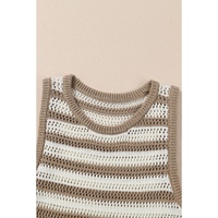 Khaki Stripe Hollowed Knit Sleeveless Sweater Dress - L thumbnail