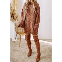 Coffee Cable Knit Drop Shoulder Loose Fit Sweater Dress - L thumbnail