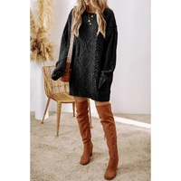 Black Cable Knit Drop Shoulder Loose Fit Sweater Dress - M thumbnail