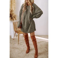 Mist Green Cable Knit Drop Shoulder Loose Fit Sweater Dress - L thumbnail