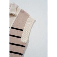 Khaki Stripe Color Block Quarter Zip Collar Short Sleeve Sweater Dress - S thumbnail