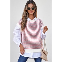 Red Stripe Ribbed Trim Loose Fit Knitted Sweater Vest - L thumbnail