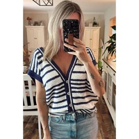 Blue Stripe Loose Buttoned V Neck Sweater Vest - S thumbnail