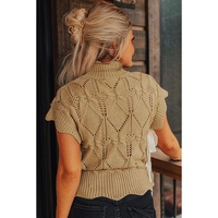 Light French Beige Hollowed Knit Scalloped Trim High Neck Sweater - XL thumbnail