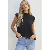 Black Solid Color Cable Knit High Neck Sweater Vest - L thumbnail