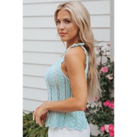 Beau Blue Tied Shoulder Pointelle Knit Tank Top - S thumbnail