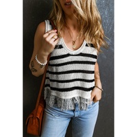 Beige Stripe Loose Knit Fringe Tank Top - L thumbnail