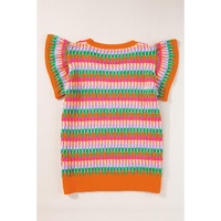 Orange Multicolor Flutter Sleeve Knitted Sweater Top - M thumbnail