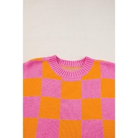 Strawberry Pink Colorblock Plaid Pattern Ribbed Trim Sweater Tank Top - L thumbnail