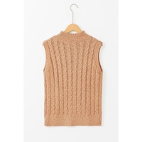 Light French Beige Solid Color Cable Knit High Neck Tank Top - L thumbnail