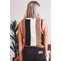 Khaki Stripe Color Block Sleeveless Knitted Sweater Vest - L thumbnail