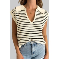 Beige Stripe Turn-down V Neck Sweater Tank Top - L thumbnail