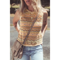 Brown Stripe Eyelet Crochet Round Neck Sweater Vest - M thumbnail