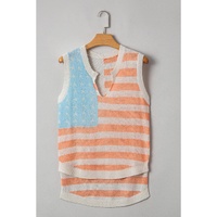 Beige USA Flag Notched Neckline Loose Sweater Vest - S thumbnail