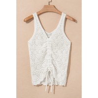 Beige Trendy Hollowed Knit V Neck Drawstring Sweater Vest - M thumbnail