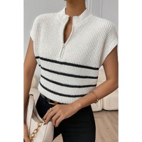 White Stripe Half Zip Split Stand Neck Sweater T-shirt - L thumbnail