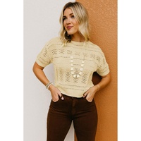 Beige Knitted Hollow out Short Sleeve Crop Sweater - L thumbnail