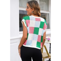 Dark Green Color Block Cap Sleeve Sweater - L thumbnail