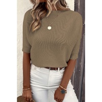 Coffee Round Neck Half Sleeve Ribbed Knit Top - S thumbnail