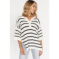 White Stripe Henley Buttoned Placket Drop Shoulder Bracelet Sleeve Knit Sweater Tee - XL thumbnail