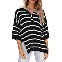 Black Stripe Henley Buttoned Placket Drop Shoulder Bracelet Sleeve Knit Sweater Tee - S thumbnail