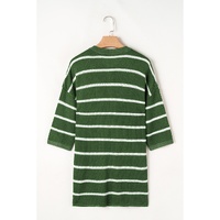 Green Stripe Henley Buttoned Placket Drop Shoulder Bracelet Sleeve Knit Sweater Tee - M thumbnail