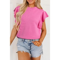 Bonbon Ribbed Mock Neck Ruffled Short Sleeve Sweater - L thumbnail
