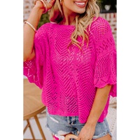 Rose Red Pointelle Knit Scallop Edge Short Sleeve Top - L thumbnail